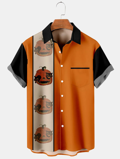 Fydude Men'S Halloween Pumpkin And Cat Printed Shirt