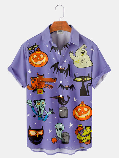 Fydude Men'S Halloween Pumpkin Zombie And Black Cat Monster Printed Shirt