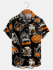 Fydude Men's Halloween vintage cat and witch print Printed Shirt