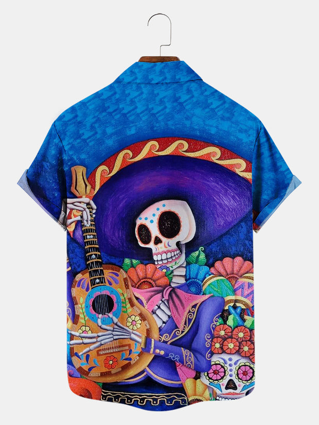 Fydude Men'S Halloween Day Of The Dead Skeleton Music Printed Shirt