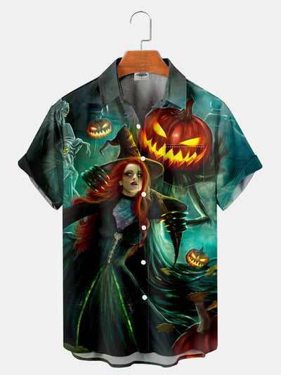 Fydude Men'S Halloween Witch And Pumpkin Printed Shirt