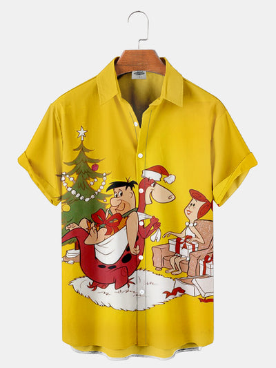 Men's Nostalgic Movie Flintstone Christmas Printed Shirt