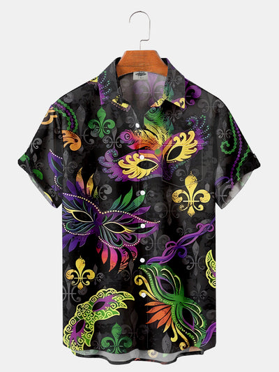 Fydude Men'S Mardi Gras Mask Print Short Sleeve Shirt