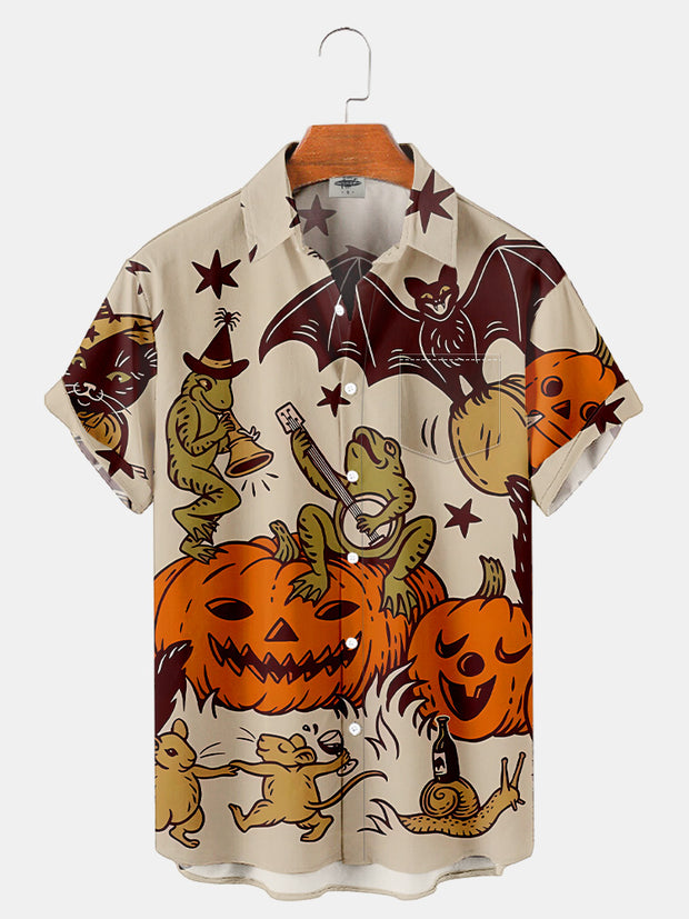 Fydude Men'S Halloween Pumpkin Frogs And Bats Printed Shirt