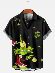 Fydude Men's Christmas Green Monster Print Short Sleeve Shirt