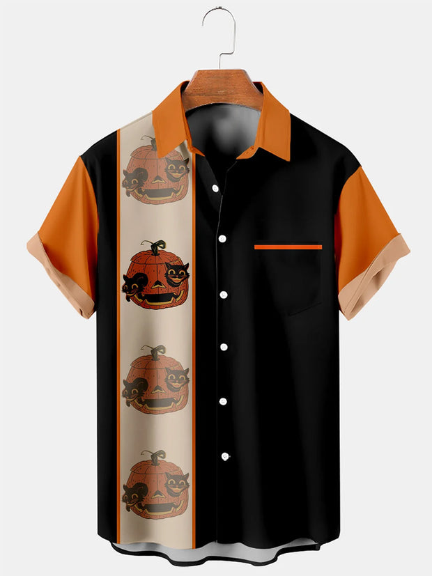 Fydude Men'S Halloween Pumpkin And Cat Printed Shirt