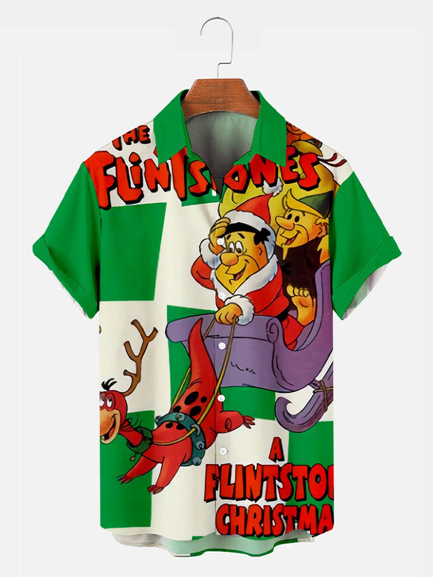 Men's Nostalgic Movie Flintstone Christmas Printed Shirt