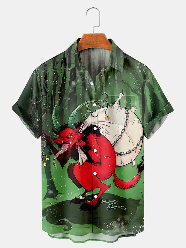 Fydude Men's Christmas Krampus In The Forest Printed Short Sleeve Shirt