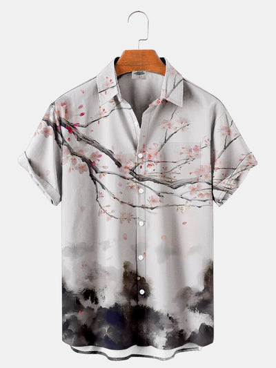 Fydude Men'S Retro Landscape Peach Blossom Printed Shirt