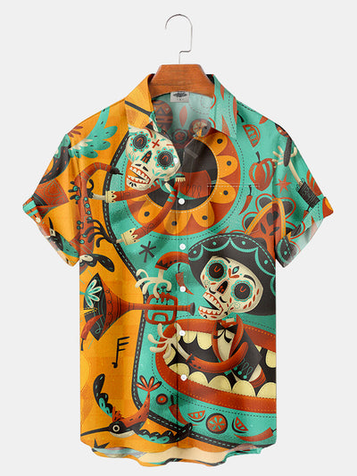 Fydude Men'S Day Of The Dead Halloween Music Printed Shirt