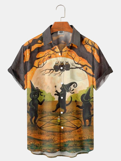 Fydude Men'S Halloween Black Cat Printed Shirt