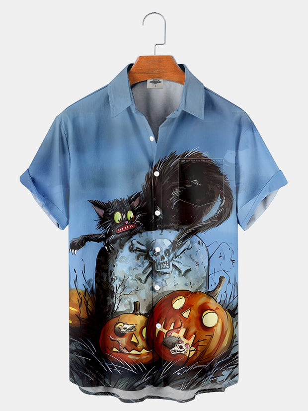 Fydude Men'S Halloween Black Cat Printed Shirt