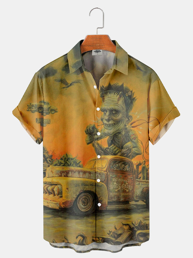 Fydude Men'S Halloween Classic Monster And Car Printed Shirt