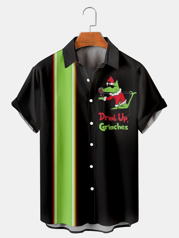 Fydude Men's Christmas Drink Up! Printed Short Sleeve Shirt