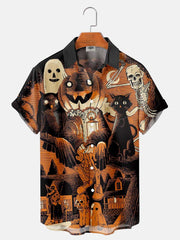 Fydude Men'S Halloween Pumpkin Ghost And Skeleton Printed Shirt