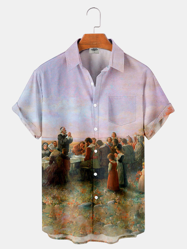 Fydude Men'S Thanksgiving Retro Oil Painting Art Printed Shirt