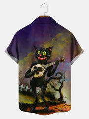 Fydude Men'S Halloween Black Cat And Skull Banjo Printed Shirt