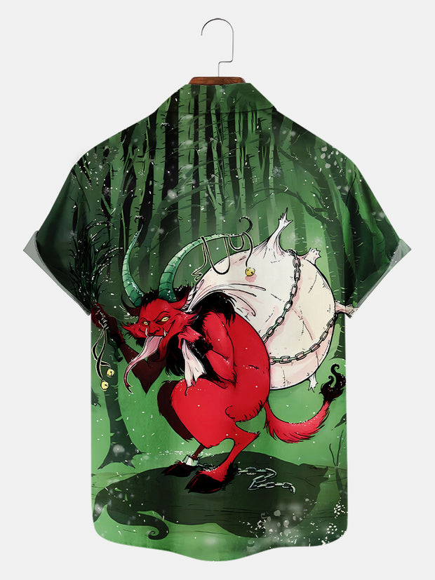 Fydude Men's Christmas Krampus In The Forest Printed Short Sleeve Shirt