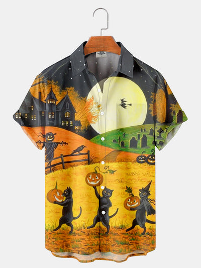 Fydude Men'S Halloween Black Cat Printed Shirt