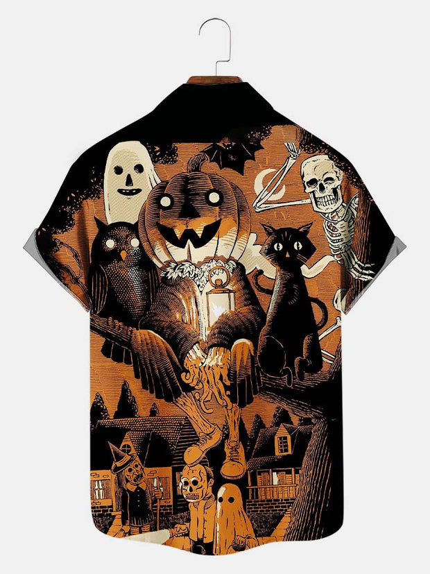 Fydude Men'S Halloween Pumpkin Ghost And Skeleton Printed Shirt