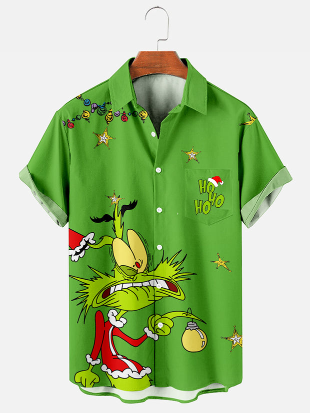 Fydude Men's Christmas Green Monster Print Short Sleeve Shirt