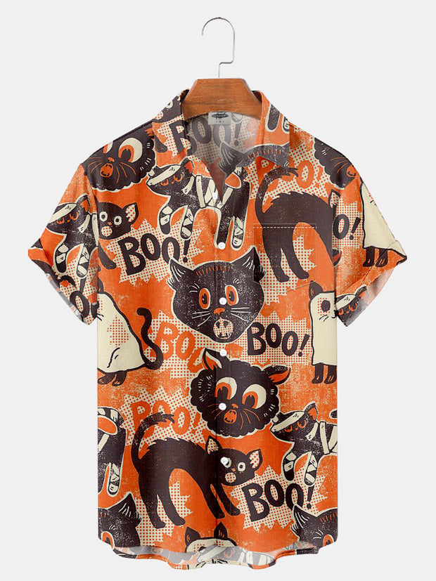 Fydude Men'S Halloween Cat BOO! Printed Shirt