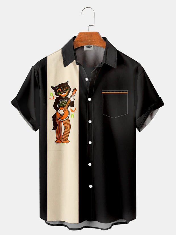 Fydude Men'S Halloween Black Cat With Banjo Printed Shirt