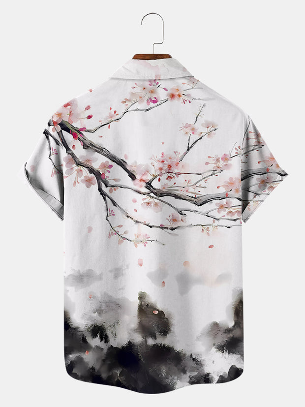 Fydude Men'S Retro Landscape Peach Blossom Printed Shirt