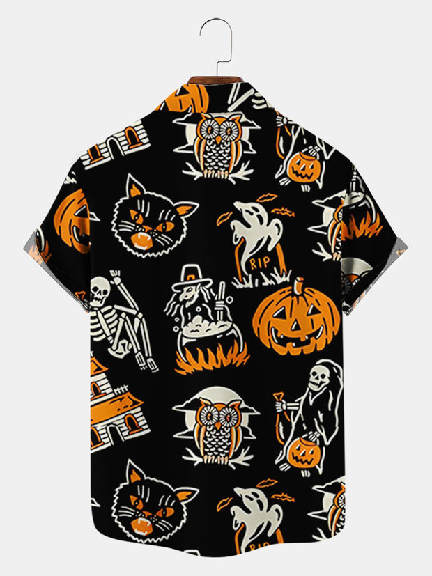 Fydude Men's Halloween vintage cat and witch print Printed Shirt