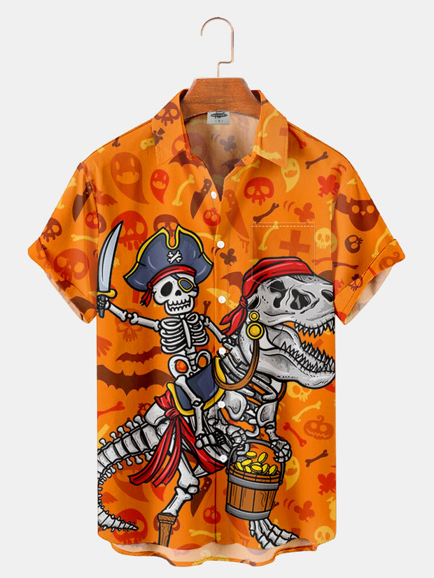 Fydude Men'S Skeleton Pirates And Dinosaurs Printed Shirt