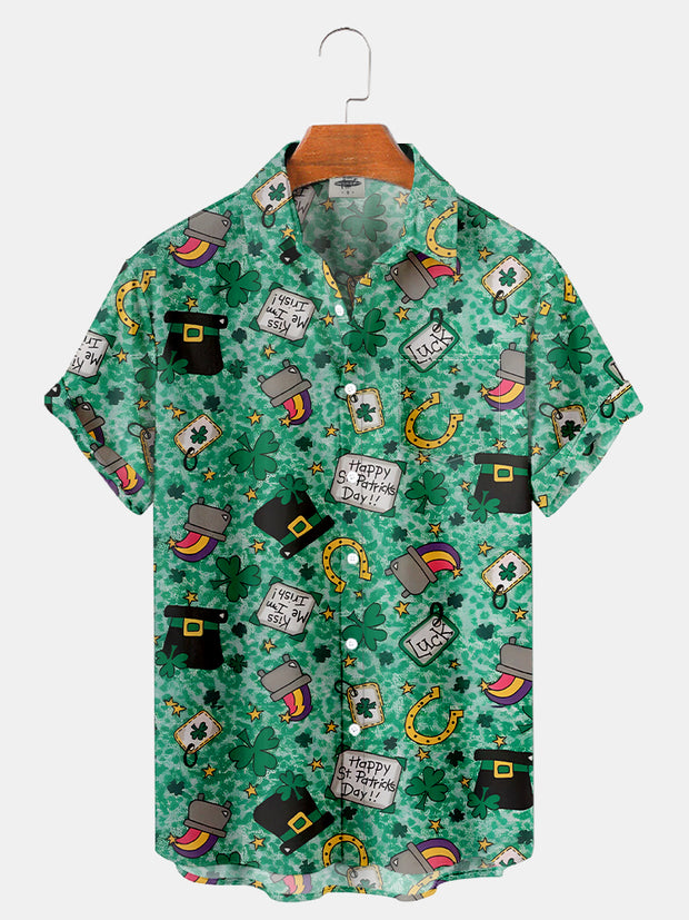 Fydude Men'S St. Patrick'S Day Clover Print Short Sleeve Shirt