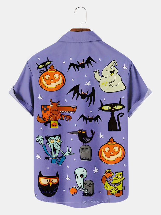 Fydude Men'S Halloween Pumpkin Zombie And Black Cat Monster Printed Shirt