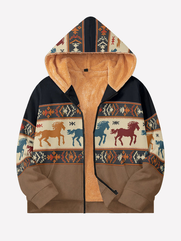 Fydude Men'S West Aztec Horse Print Full Zip Jacket