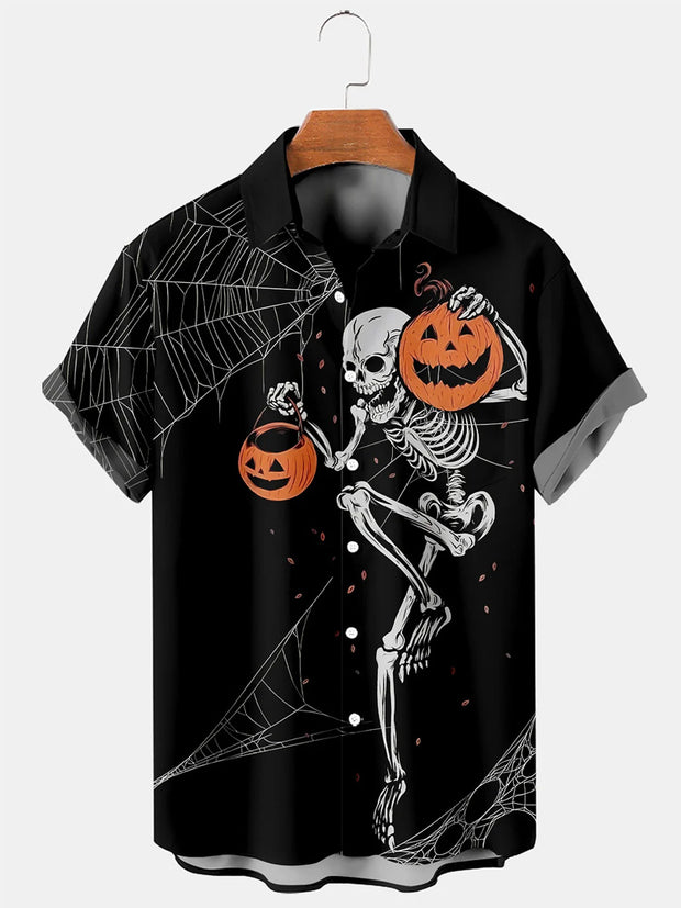 Fydude Men'S Halloween Skeleton Carrying Pumpkin In Spider'S Web Printed Shirt