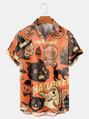 Fydude Men's Halloween Cat Ghost Witch Print Printed Shirt