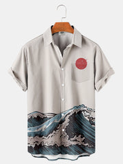 Fydude Men'S Retro Ukiyoe Waves Printed Shirt