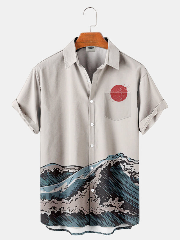 Fydude Men'S Retro Ukiyoe Waves Printed Shirt