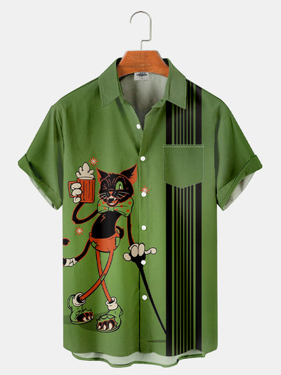 Fydude Men'S Halloween Black Cat And Beer Printed Shirt