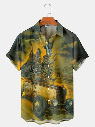 Fydude Men'S Halloween Music Classic Monster And Car Printed Shirt