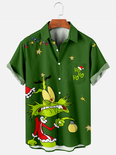 Fydude Men's Christmas Green Monster Print Short Sleeve Shirt