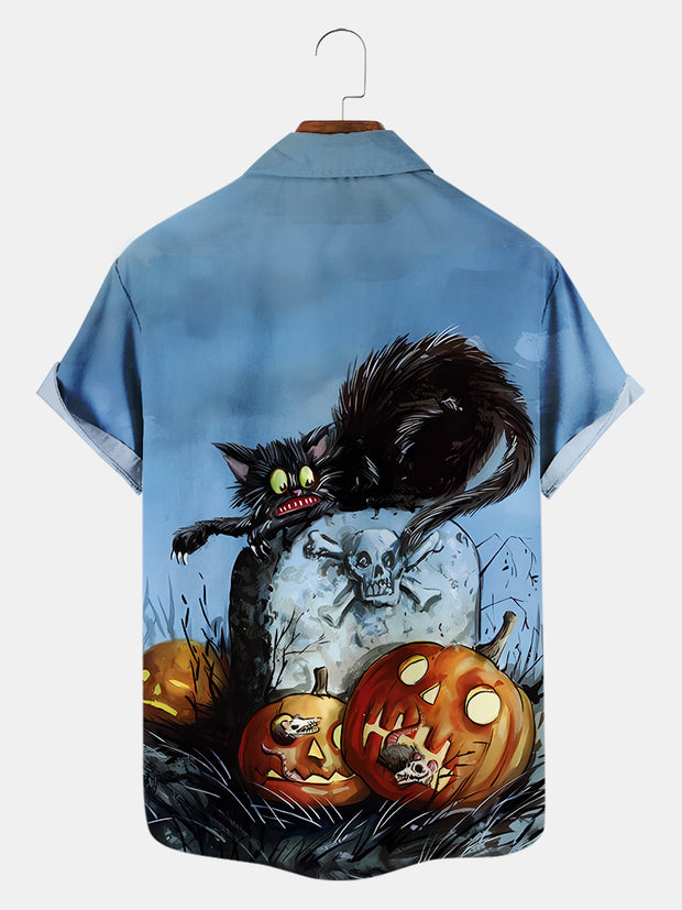 Fydude Men'S Halloween Black Cat Printed Shirt