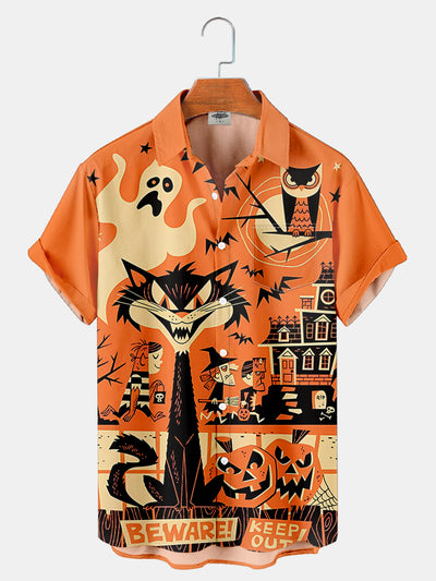 Fydude Men'S Halloween Black Cat Printed Shirt