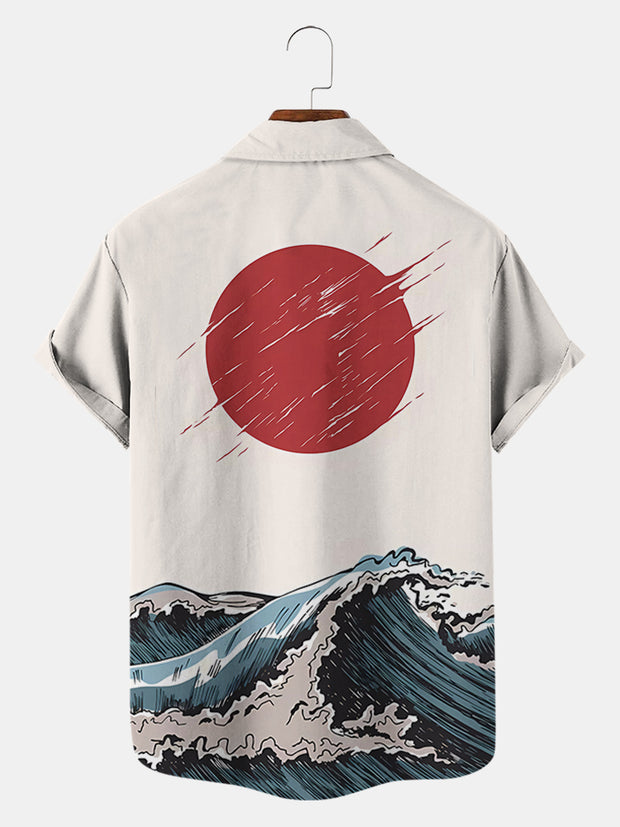 Fydude Men'S Retro Ukiyoe Waves Printed Shirt