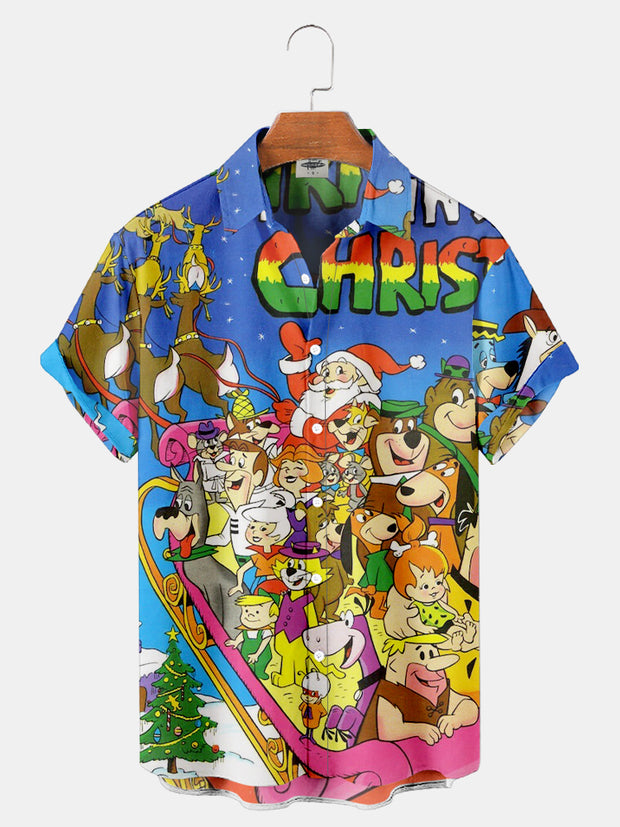 Men's Nostalgic Movie Flintstone Christmas Printed Shirt