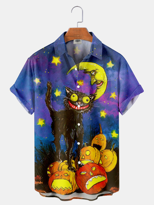 Fydude Men'S Halloween Cat And Pumpkin Printed Shirt