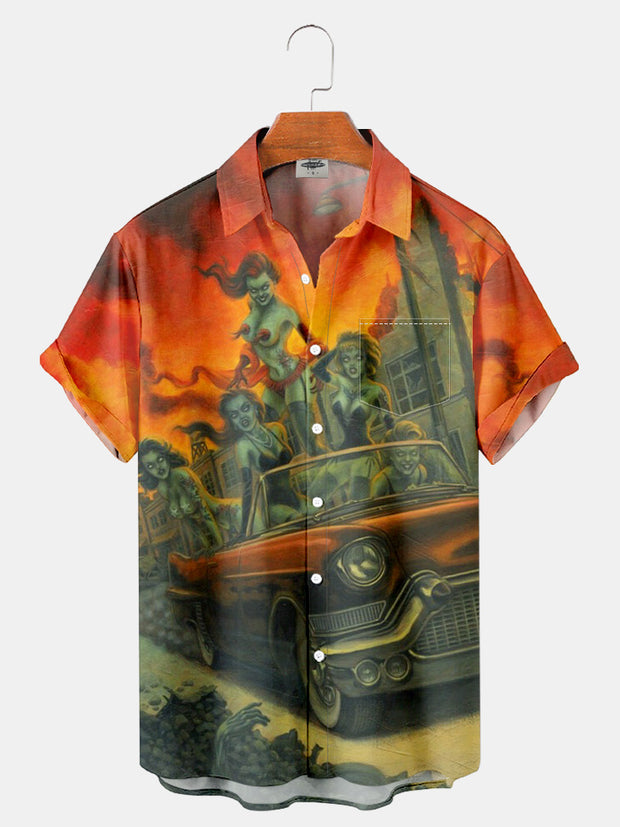 Fydude Men'S Halloween Music Classic Monster And Car Printed Shirt