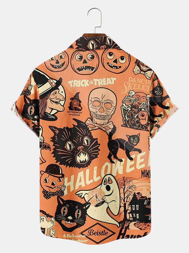 Fydude Men's Halloween Cat Ghost Witch Print Printed Shirt