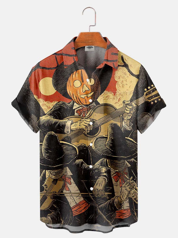 Fydude Men'S Halloween Pumpkin Music And Skeleton Printed Shirt