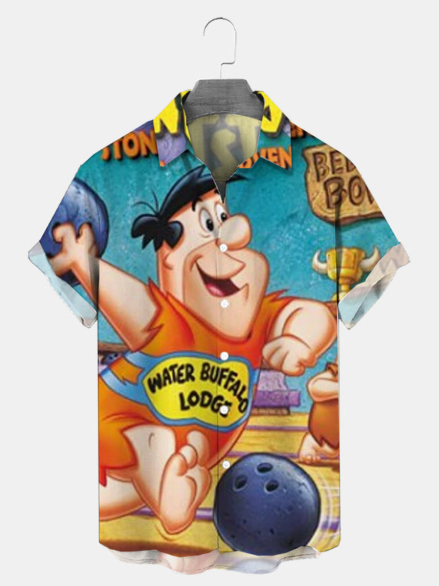 Fydude Men's Flintstones barney and fred bowling Printed Shirt