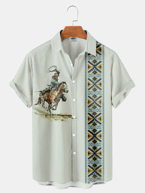 Fydude Men'S Western Cowboy Print Shirt